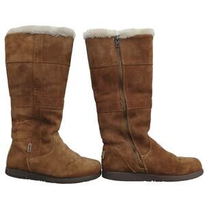 BEARPAW Brown Suede Side Zip 14" Tall Boots Sheepskin Wool lining Women's Size 5